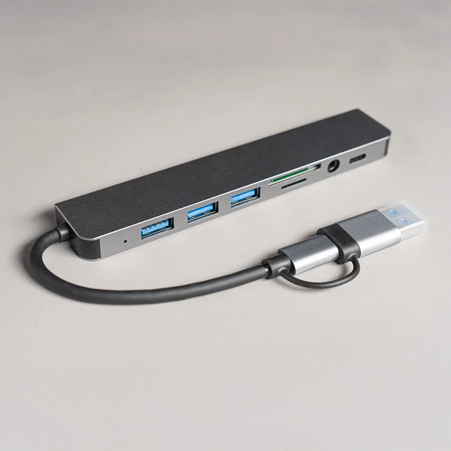 USB-хаб ROOT 8 в 1, серый, алюминий