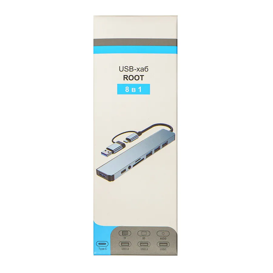 USB-хаб ROOT 8 в 1, серый, алюминий