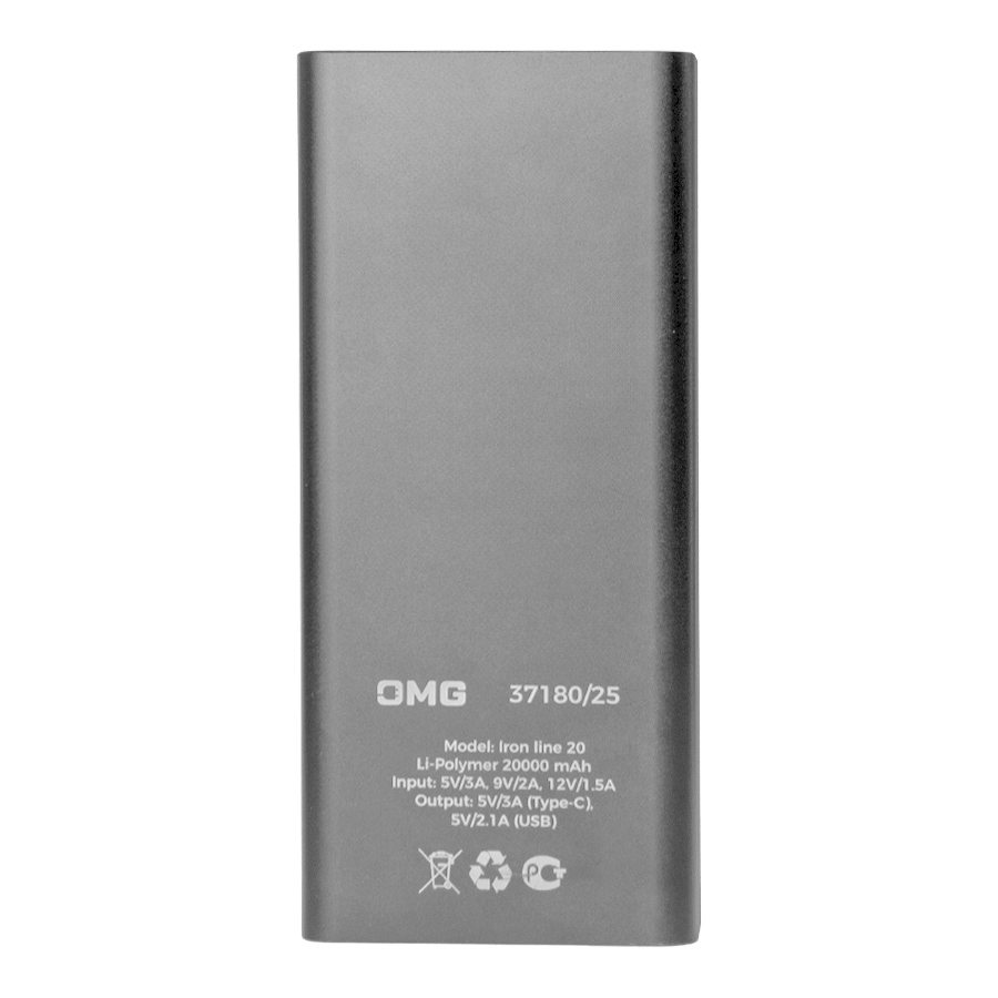 Универсальный аккумулятор OMG Iron line 20 (20000 мАч), металл, синий, 14,7х6.6х2,7 см