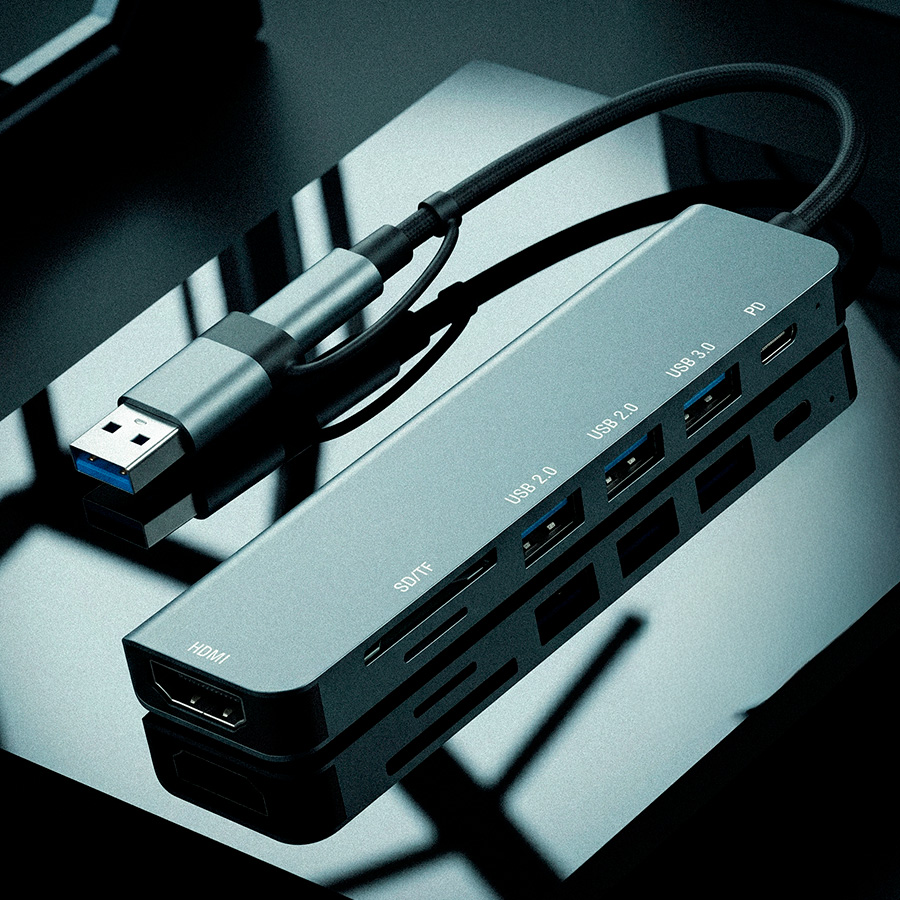USB-хаб STEM 7 в 1, серый, алюминий, фото 6