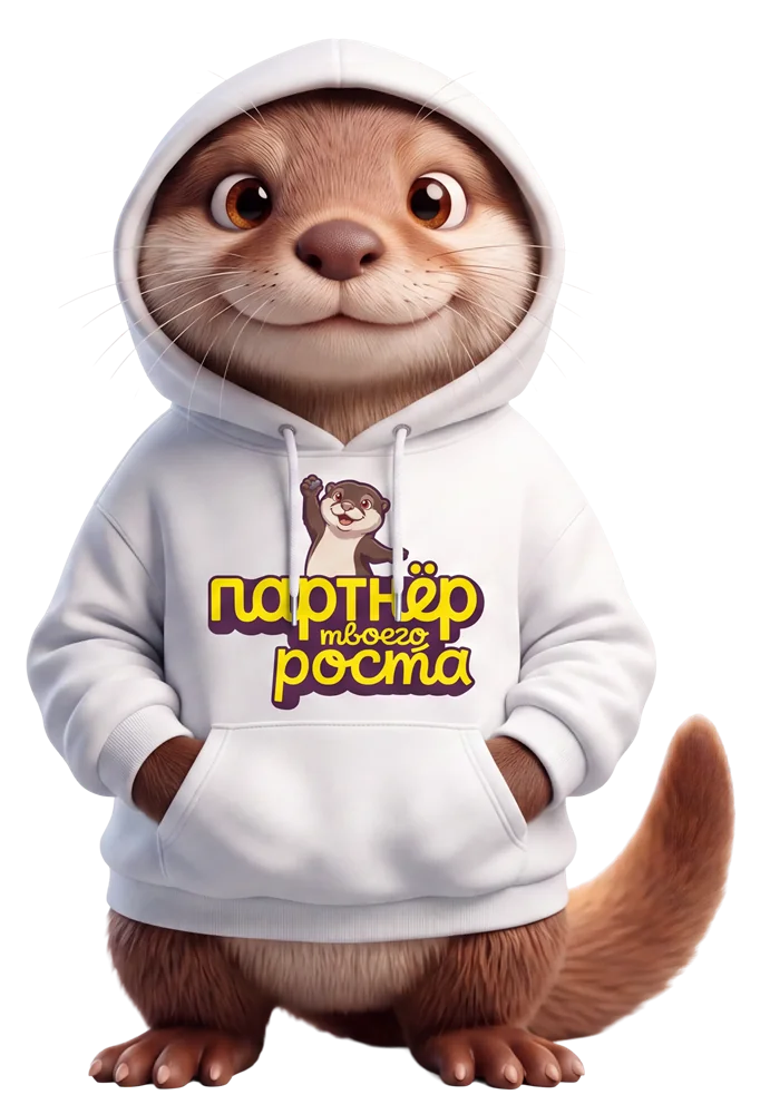 Лаки в белом худи с надписью «Партнёр твоего роста»